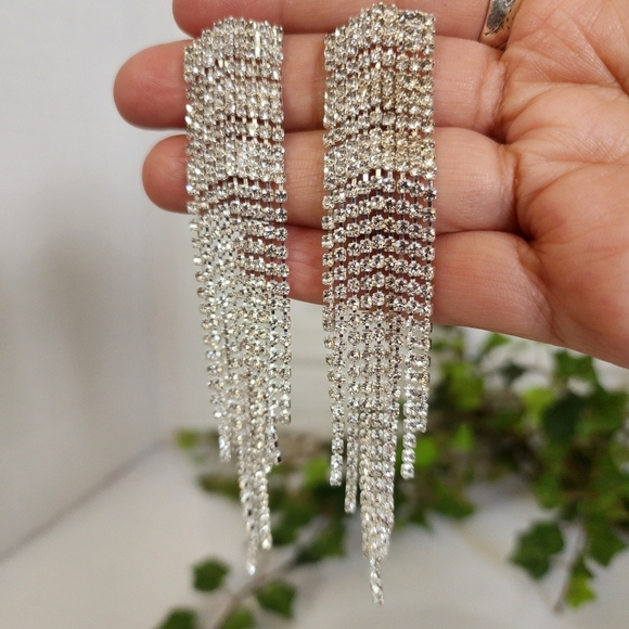 Silver and Rhinestone Fringe Glam Earrings - Picture 3 of 5